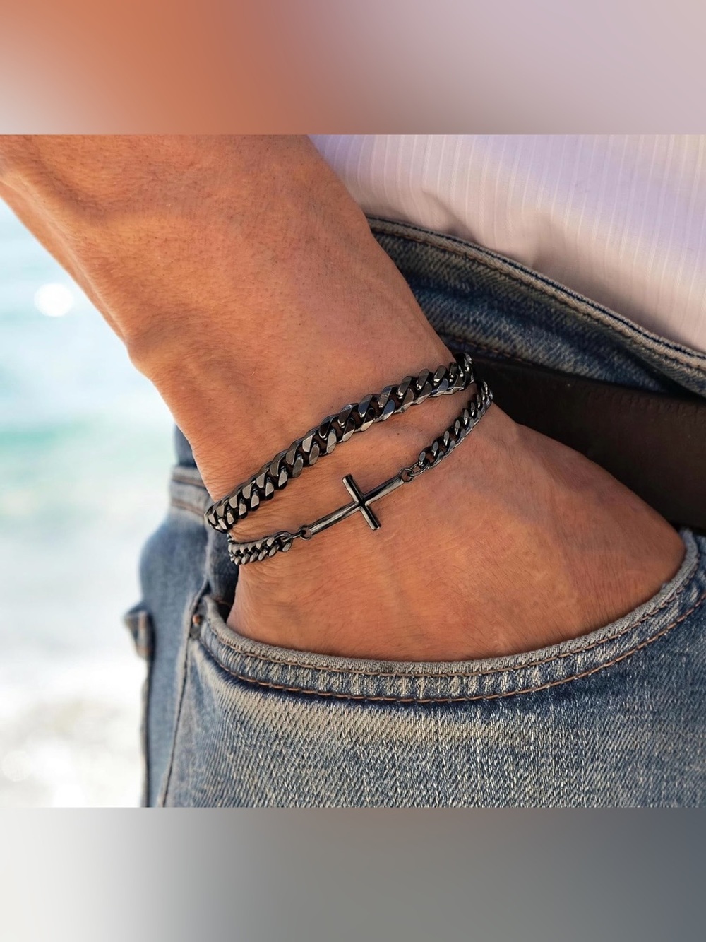 Anthropologie Black Double-Wrap Chain Bracelet with Cross Charm